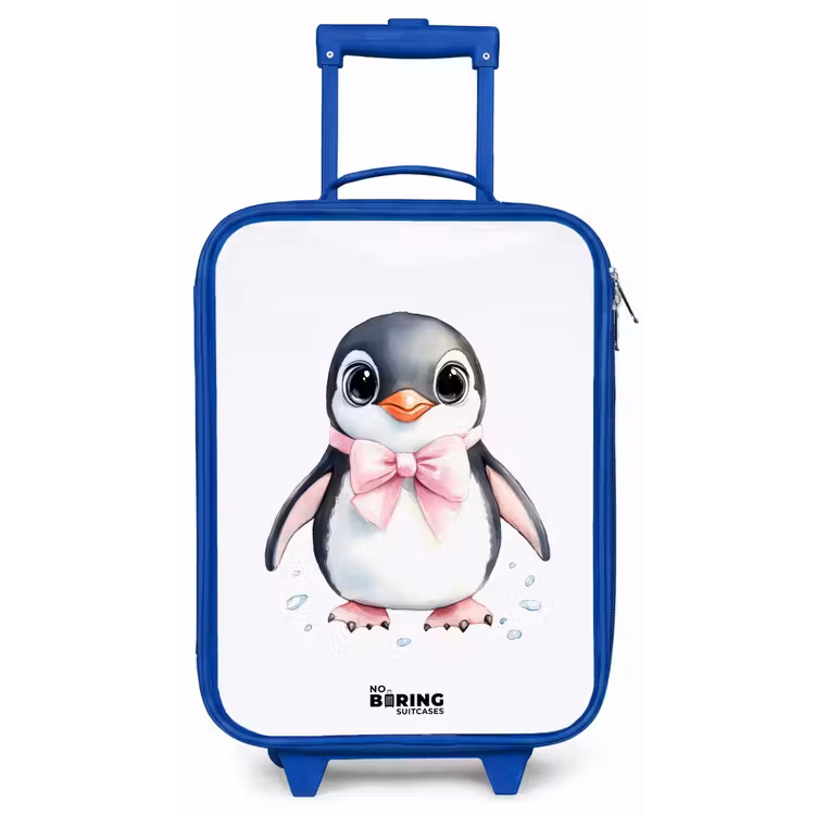 Kinderkoffer - Blauw - Pinguïn met roze strik en ijsdruppels — 1