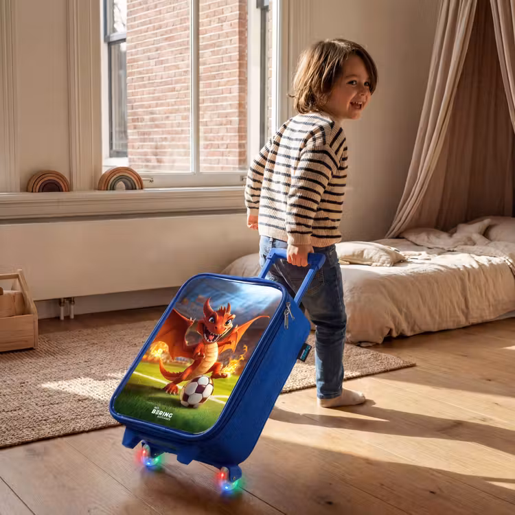 Kinderkoffer - Blauw - Rode draak voetbalt in zonnig stadion — 3