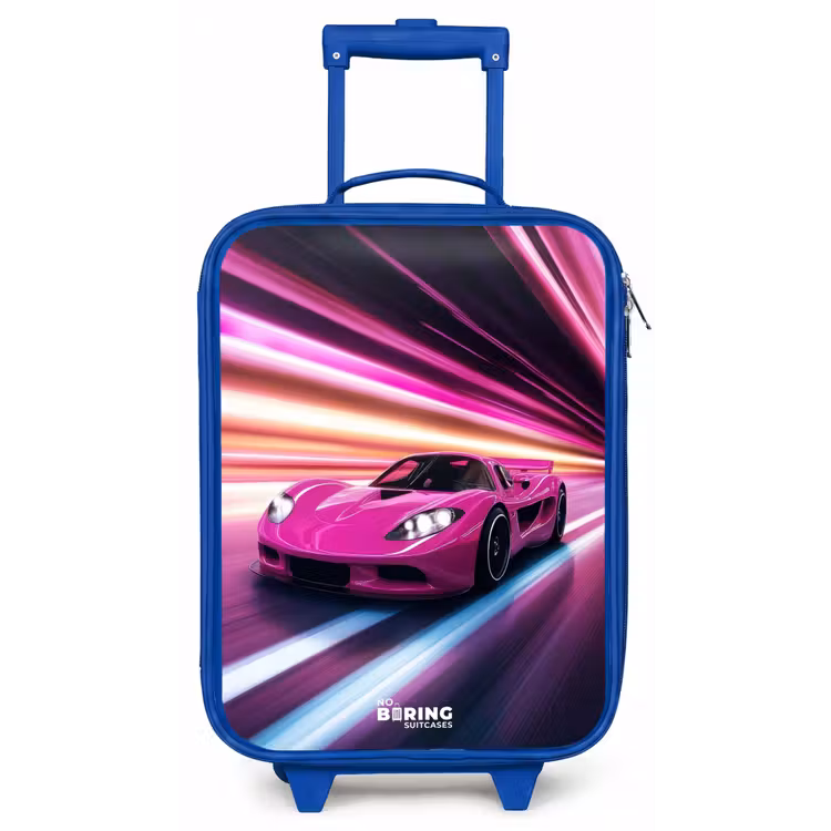 Kinderkoffer - Blauw - Roze raceauto flitst door neonlicht — 1