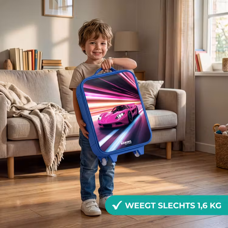 Kinderkoffer - Blauw - Roze raceauto flitst door neonlicht — 2