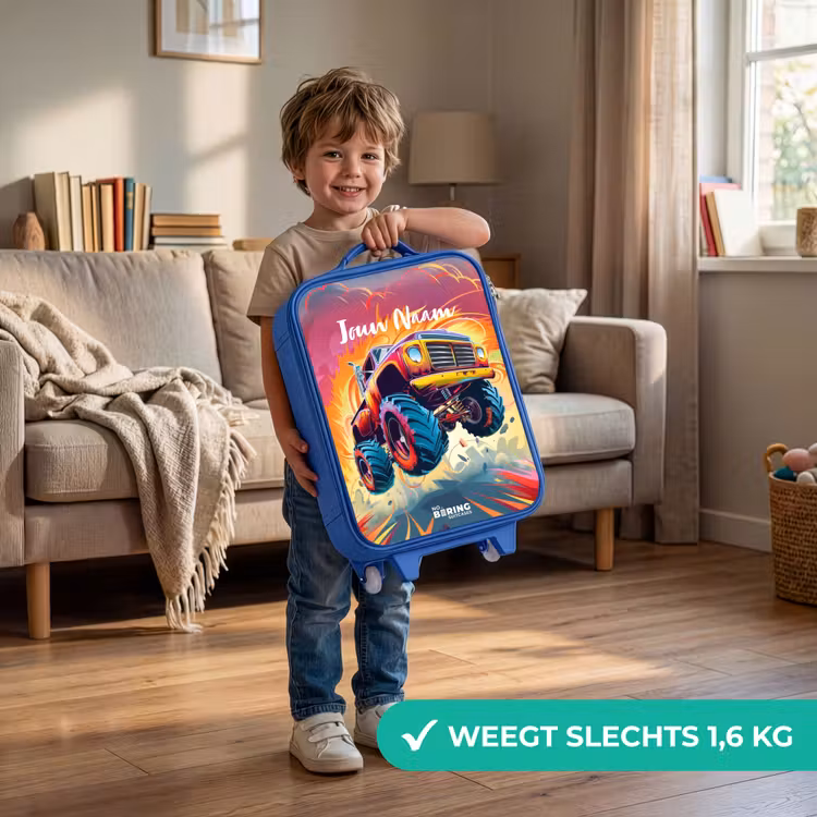 Kinderkoffer - Blauw - Roze Monstertruck Vliegt over het Asfalt — 2