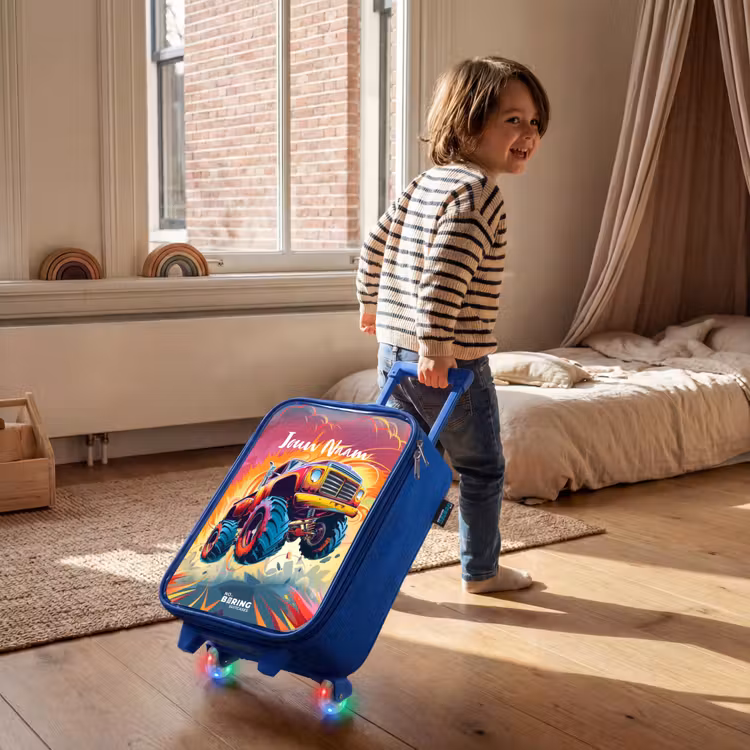 Kinderkoffer - Blauw - Roze Monstertruck Vliegt over het Asfalt — 3
