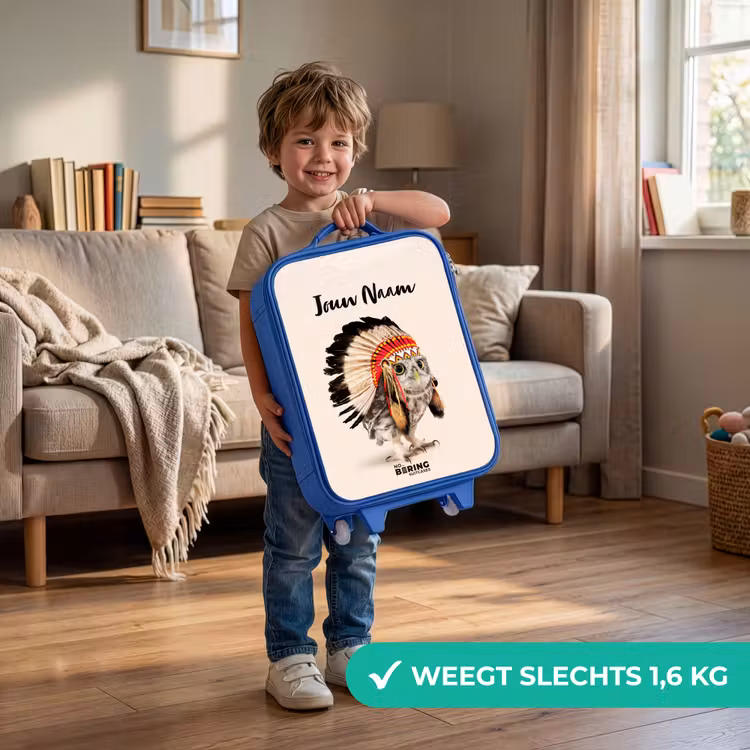 Kinderkoffer met naam - Blauw - Uil als Indiaan — 2