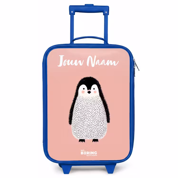 Kinderkoffer met naam - Blauw - Pinguïn - Stippen - Roze - Minimalistisch — 1
