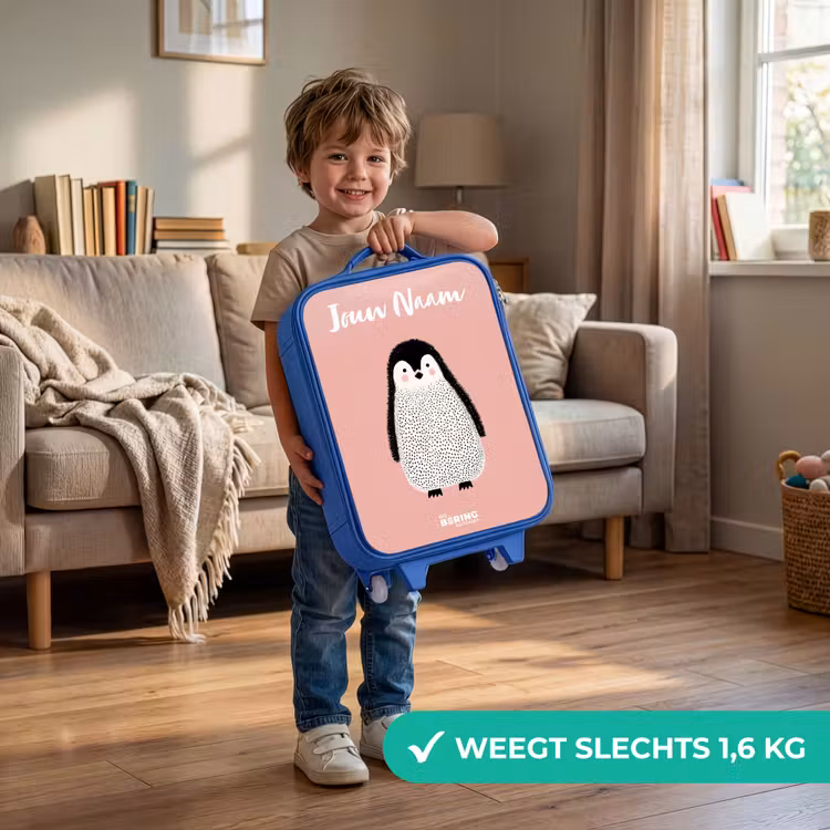 Kinderkoffer met naam - Blauw - Pinguïn - Stippen - Roze - Minimalistisch — 2