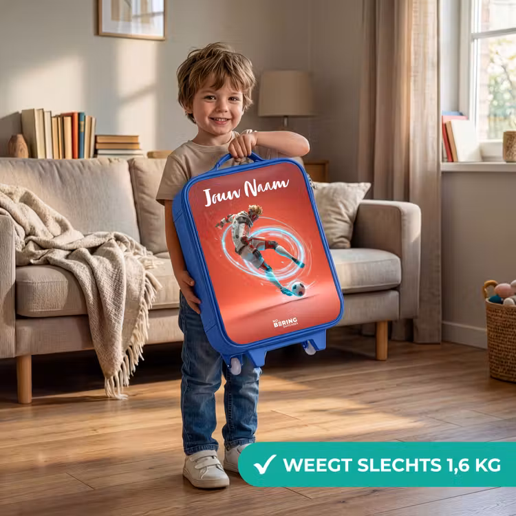 Kinderkoffer met naam - Blauw - Voetballer - Bal - Lichtcirkel - Rood — 2