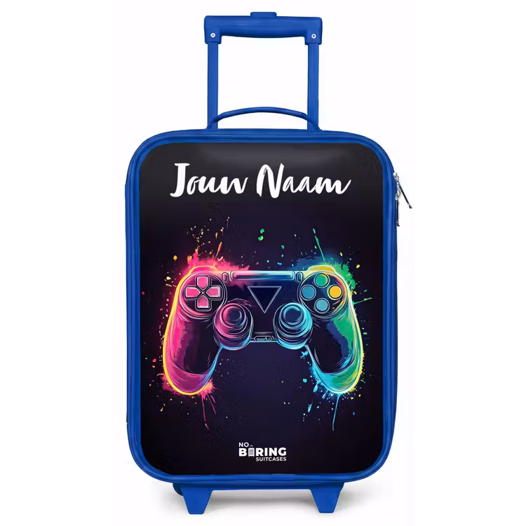 Kinderkoffer met naam - Blauw - Neon - Controller - Verfspatten - Game — 1