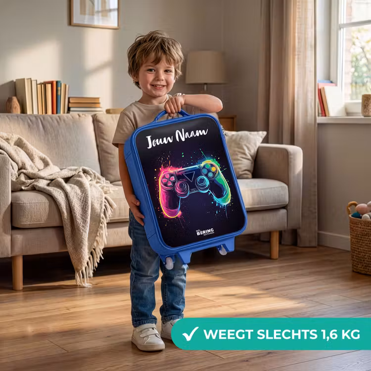 Kinderkoffer met naam - Blauw - Neon - Controller - Verfspatten - Game — 2