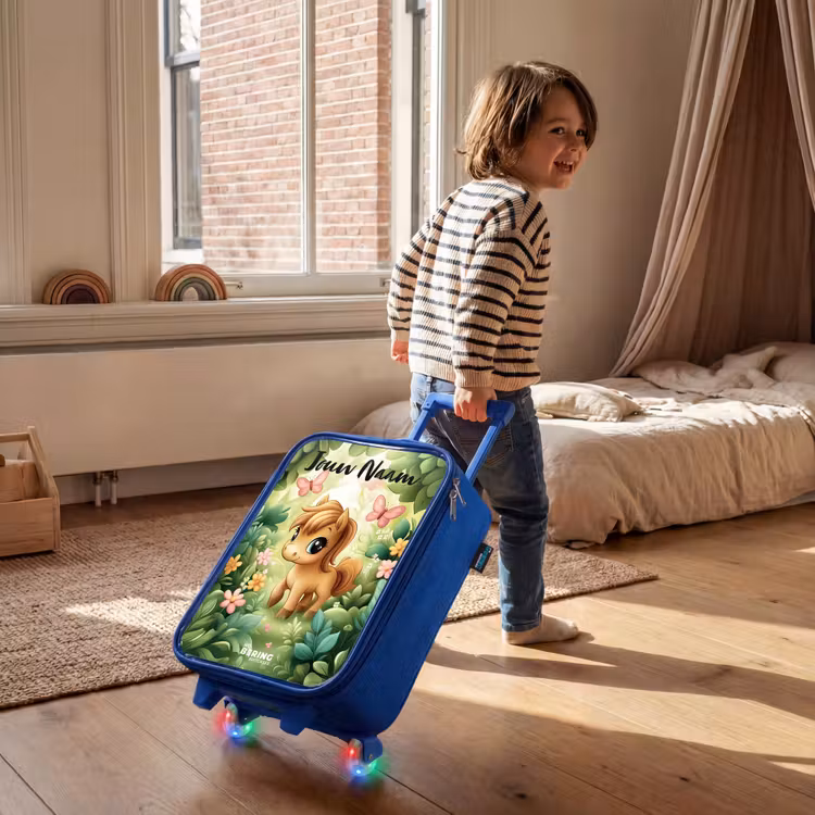 Kinderkoffer met naam - Blauw - Paard - Bloemen - Vlinders — 3