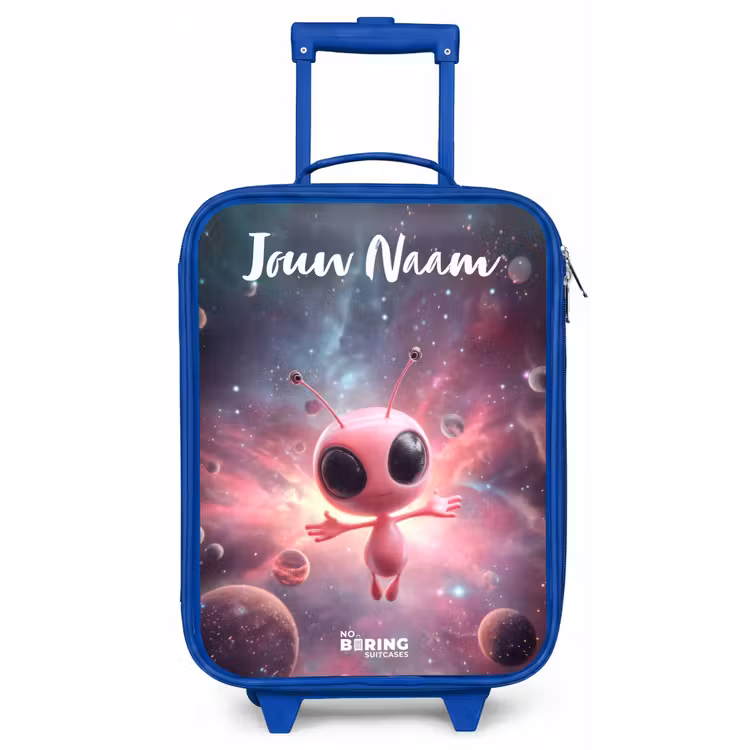 Kinderkoffer met naam - Blauw - Roze Alien in Sterrennevel — 1