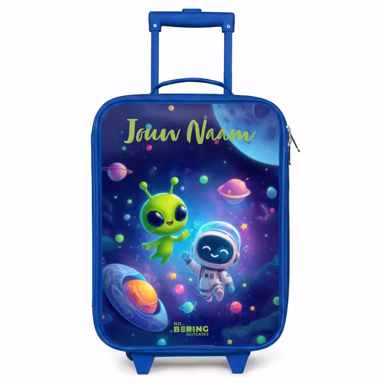 Kinderkoffer met naam - Blauw - Vrolijke Ontmoeting in de Ruimte — 1