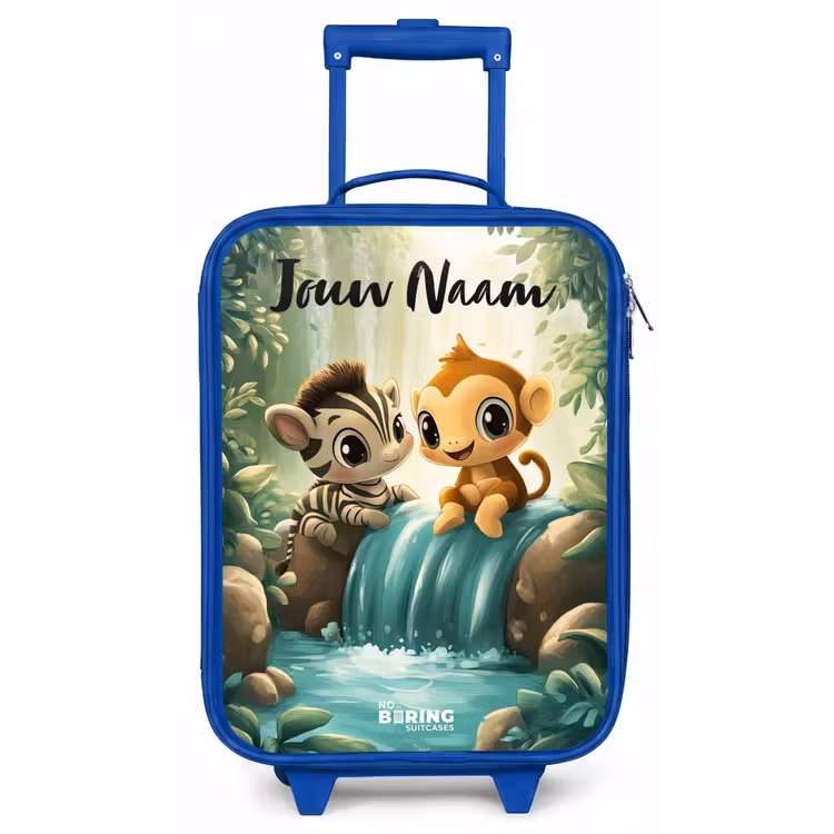 Kinderkoffer met naam - Blauw - Zebra - Aapje - Waterval - Rotsen — 1