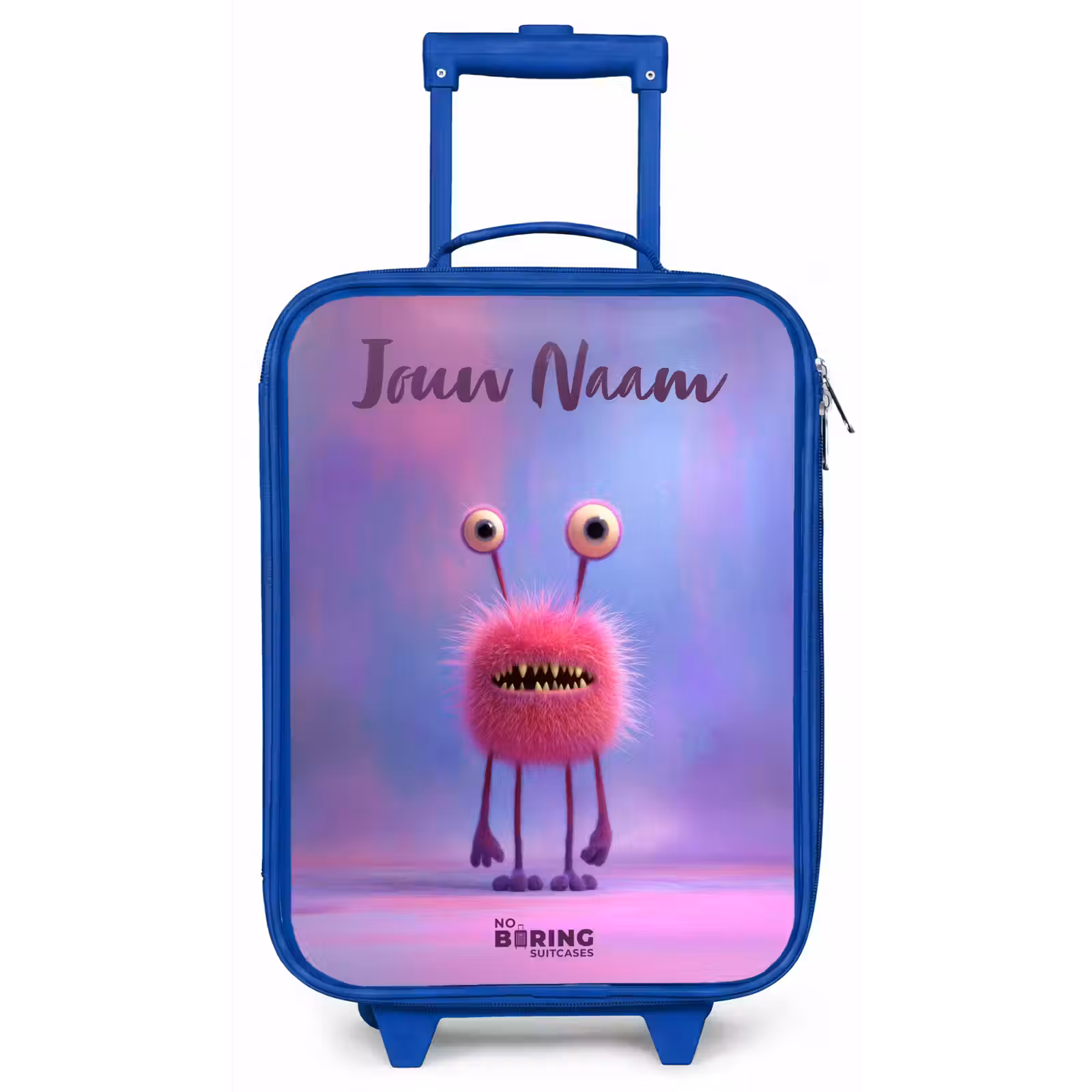 Kinderkoffer met naam - Blauw - Roze harig monster met grote ogen — 1