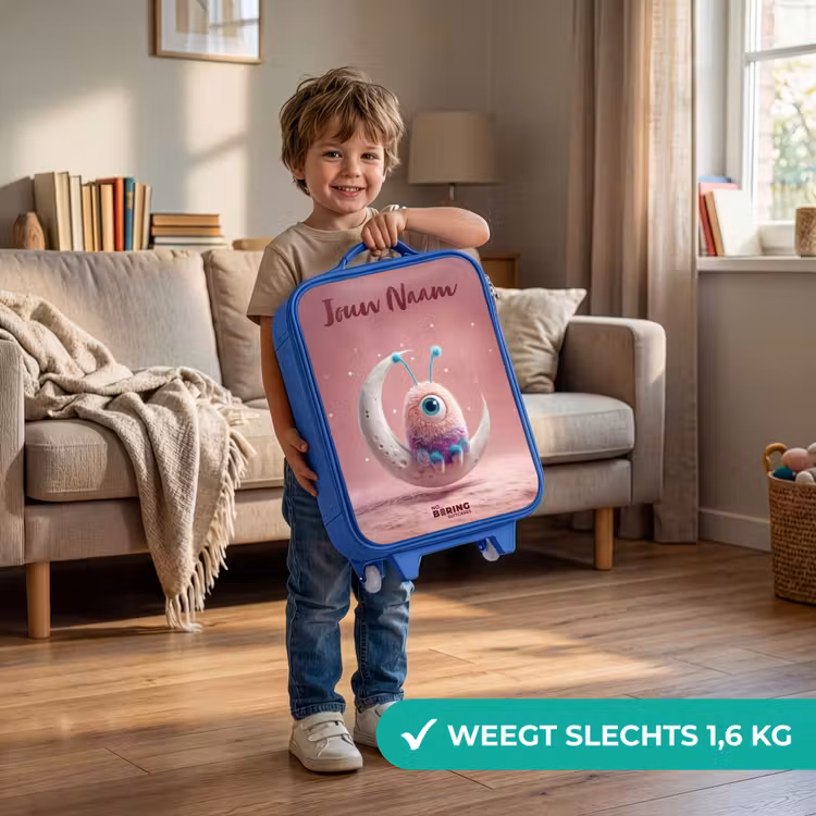 Kinderkoffer met naam - Blauw - Maanwip met Pluizig Wezentje — 2