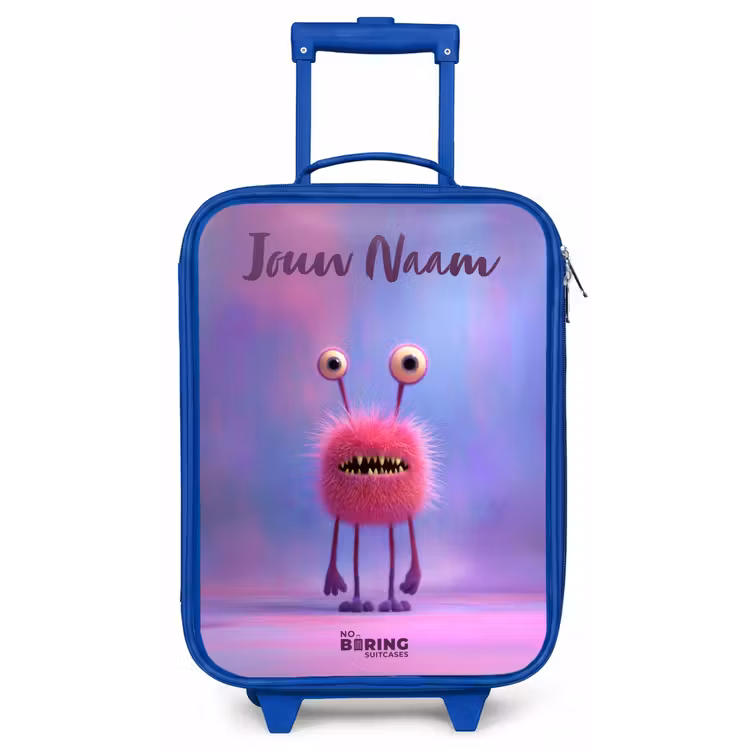 Kinderkoffer met naam - Blauw - Roze harig monster met grote ogen — 1