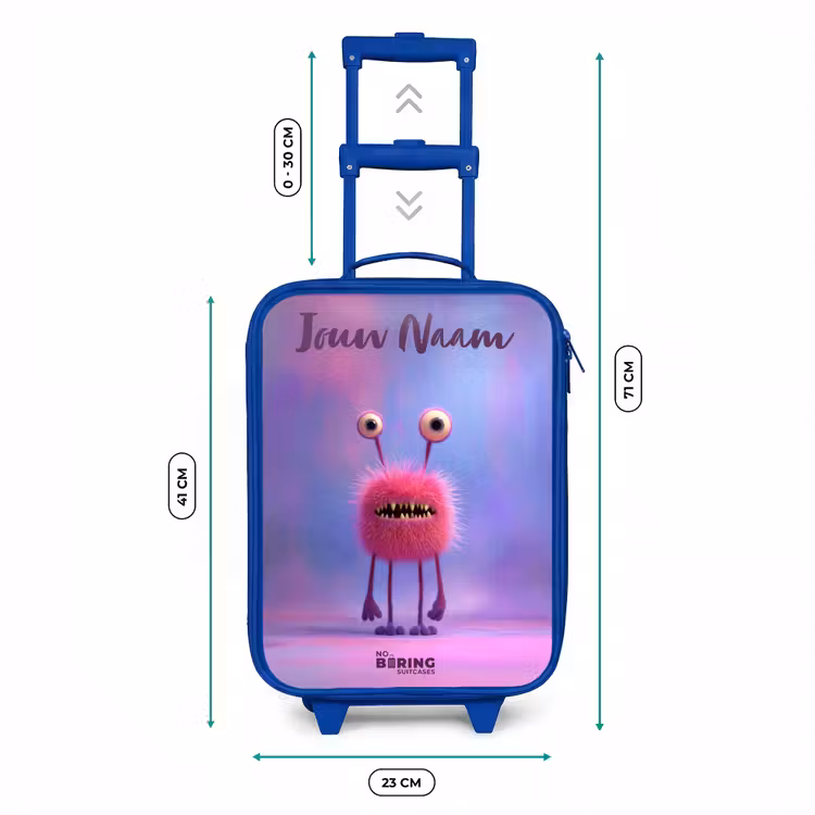 Kinderkoffer met naam - Blauw - Roze harig monster met grote ogen — 6