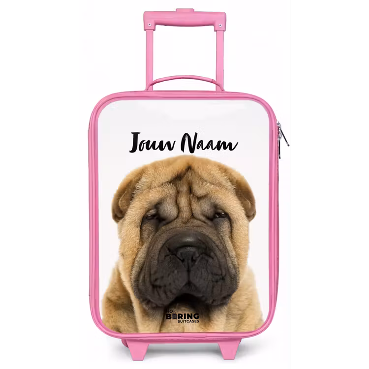 Kinderkoffer met naam - Roze - Hondje met Boos Hoofd — 1