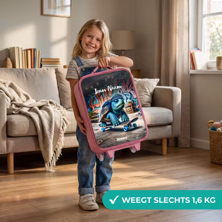 Kinderkoffer met naam - Roze - Skater schildpad — 2