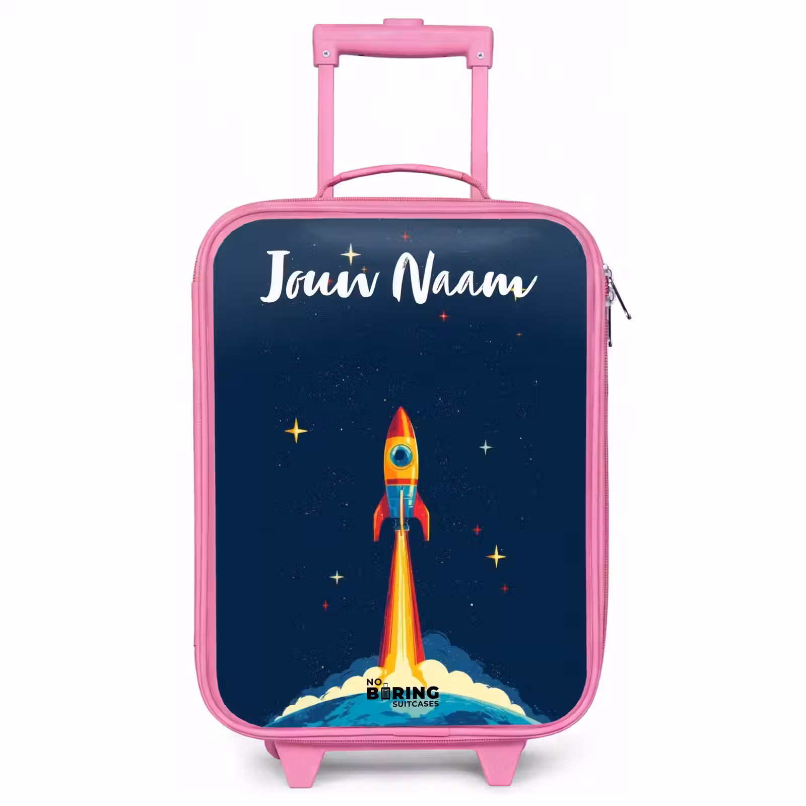 Kinderkoffer met naam - Roze - Planeet - Raket - Sterren - Donkerblauw — 1