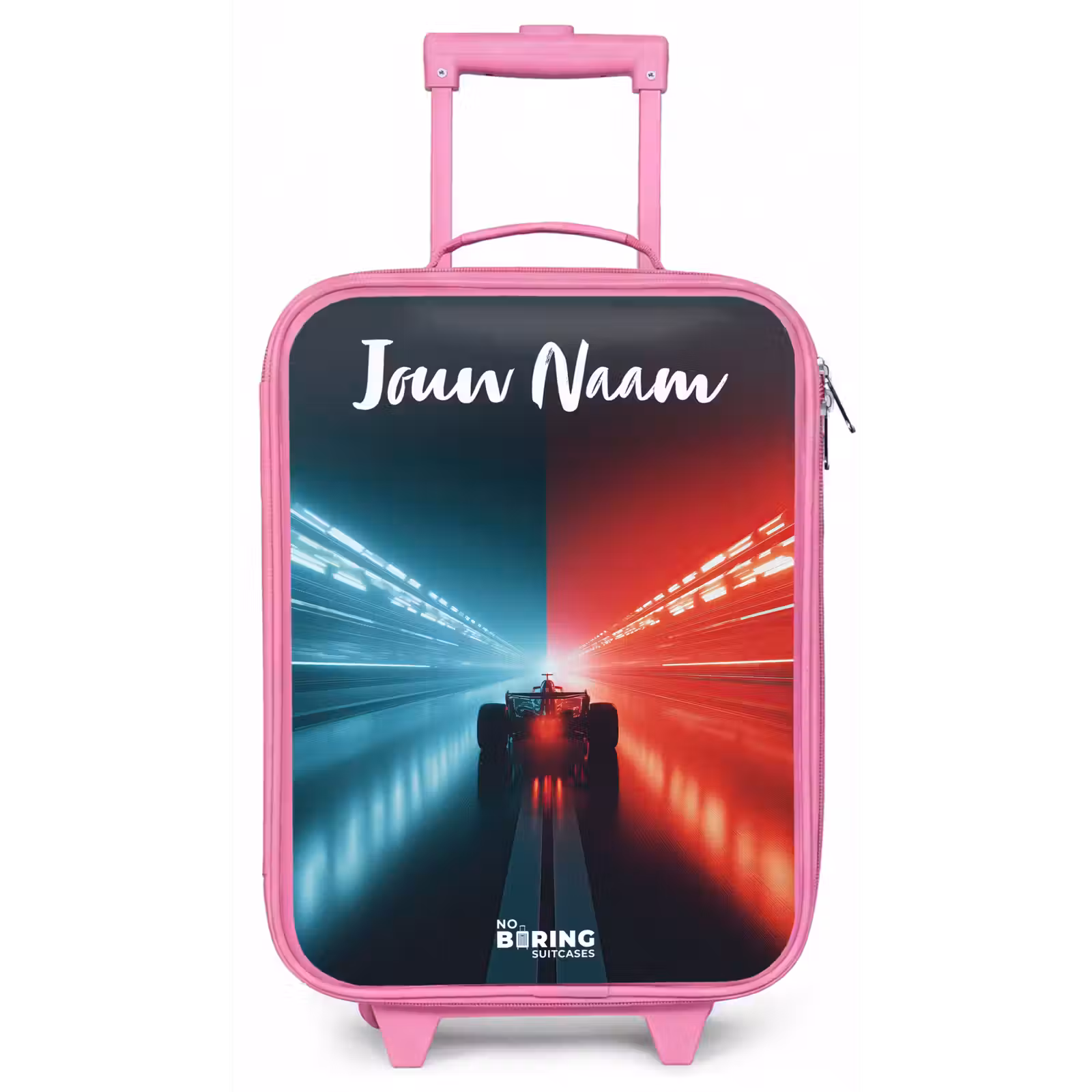 Kinderkoffer met naam - Roze - Raceauto - Verlichting - Neon - Rood — 1
