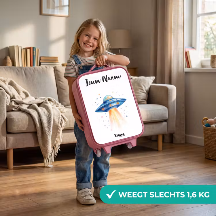 Kinderkoffer met naam - Roze - Blauw ruimteschip met lichtstraal — 2