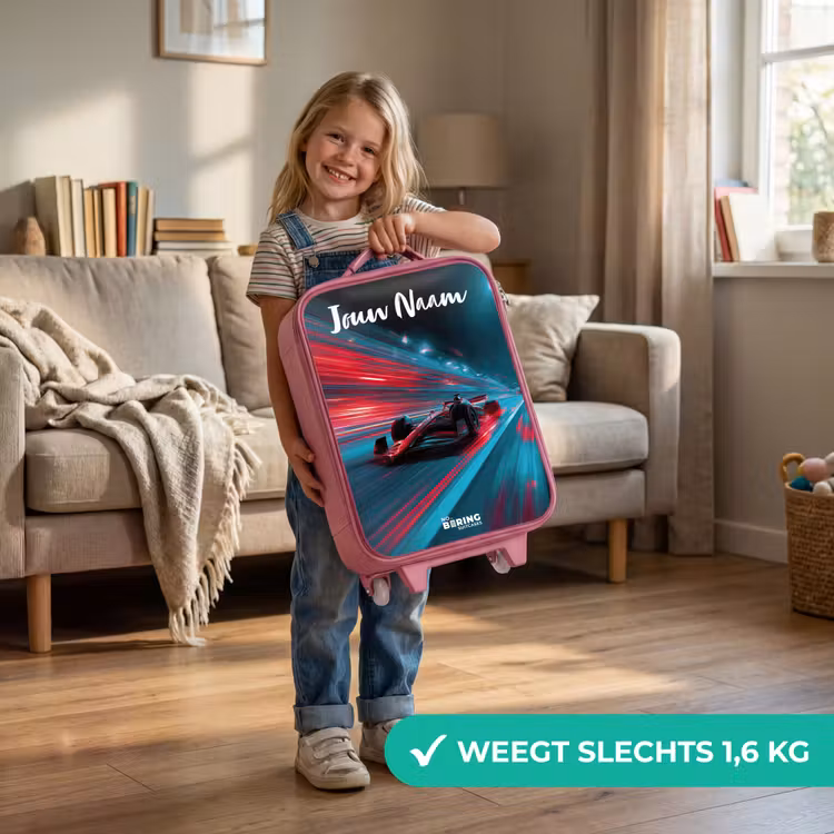 Kinderkoffer met naam - Roze - Formule 1 - Raceauto - Rood - Neonverlichting — 2