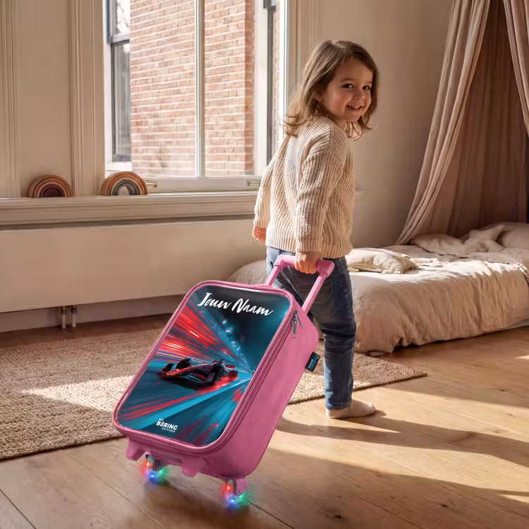 Kinderkoffer met naam - Roze - Formule 1 - Raceauto - Rood - Neonverlichting — 3