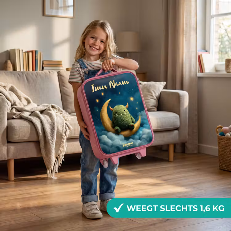 Kinderkoffer met naam - Roze - Groen monster op maansikkel — 2