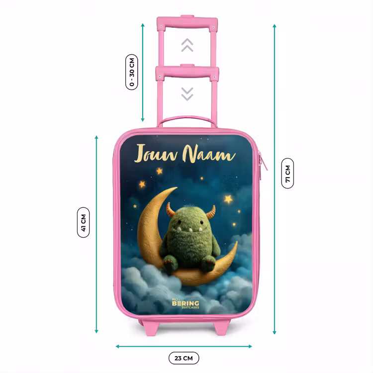 Kinderkoffer met naam - Roze - Groen monster op maansikkel — 5