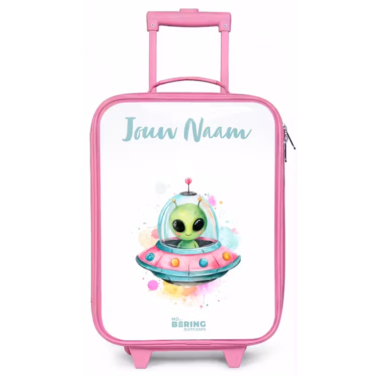 Kinderkoffer met naam - Roze - Groene alien in kleurrijke UFO — 1