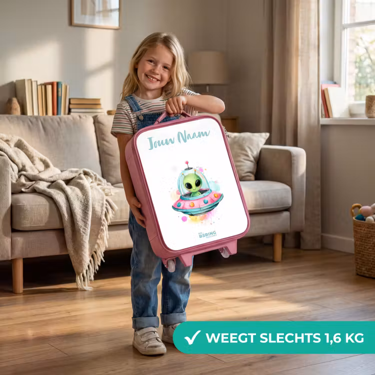 Kinderkoffer met naam - Roze - Groene alien in kleurrijke UFO — 2