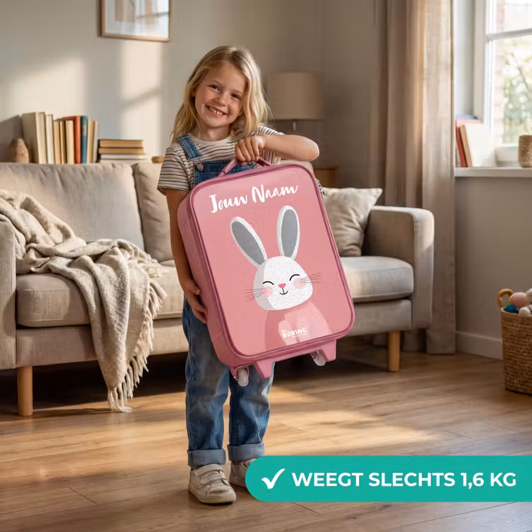 Kinderkoffer met naam - Roze - Konijn - Blosje - Stippen - Roze — 2