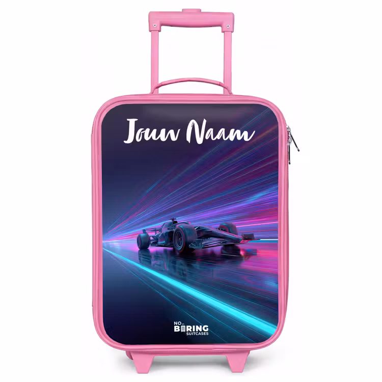 Kinderkoffer met naam - Roze - Lichtstralen - Neon - Racewagen - Paars — 1