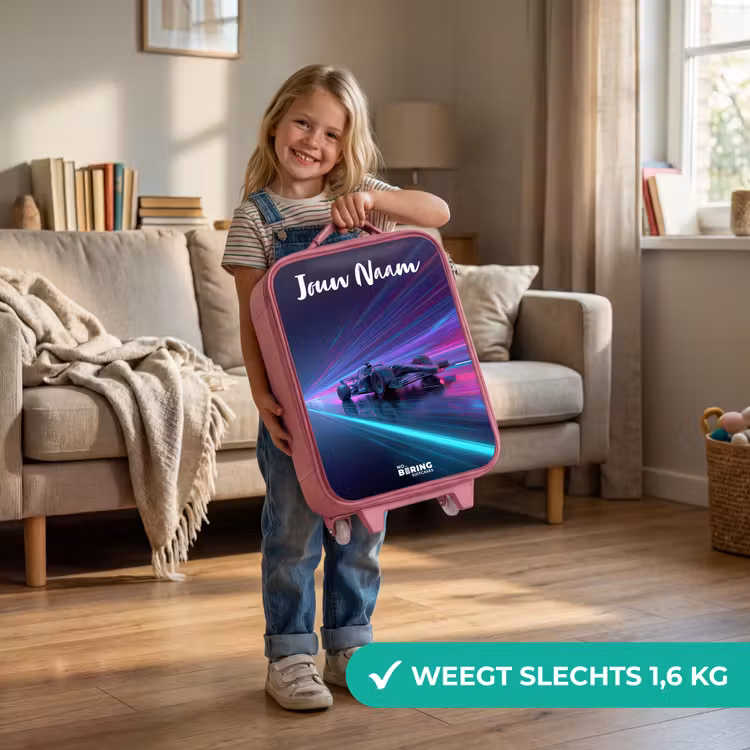 Kinderkoffer met naam - Roze - Lichtstralen - Neon - Racewagen - Paars — 2