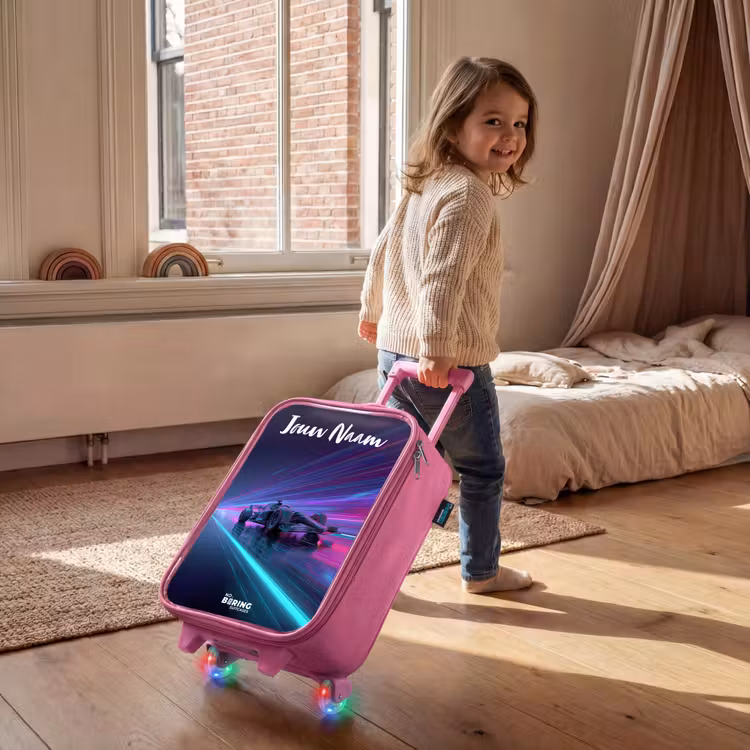 Kinderkoffer met naam - Roze - Lichtstralen - Neon - Racewagen - Paars — 3