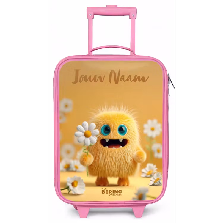 Kinderkoffer met naam - Roze - Monster - Wezen - Bloem - Geel — 1