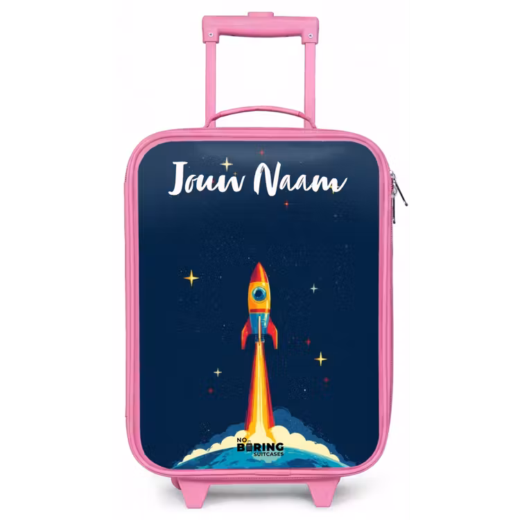 Kinderkoffer met naam - Roze - Planeet - Raket - Sterren - Donkerblauw — 1