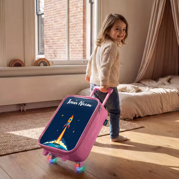 Kinderkoffer met naam - Roze - Planeet - Raket - Sterren - Donkerblauw — 3