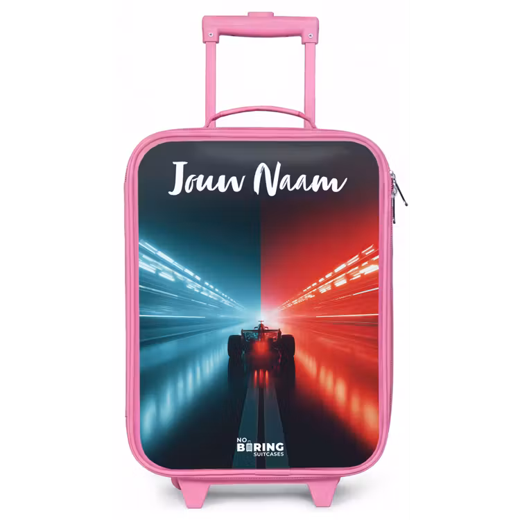 Kinderkoffer met naam - Roze - Raceauto - Verlichting - Neon - Rood — 1