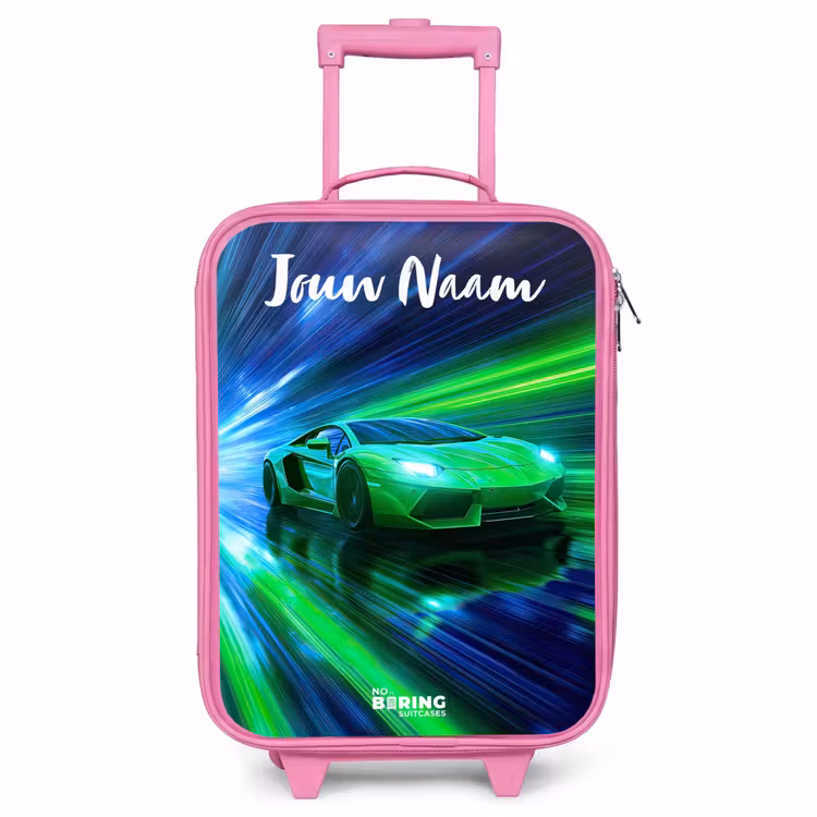 Kinderkoffer met naam - Roze - Sportauto - Groen - Snelheidslijnen - Neon — 1