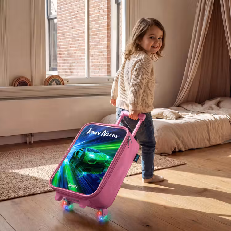 Kinderkoffer met naam - Roze - Sportauto - Groen - Snelheidslijnen - Neon — 3