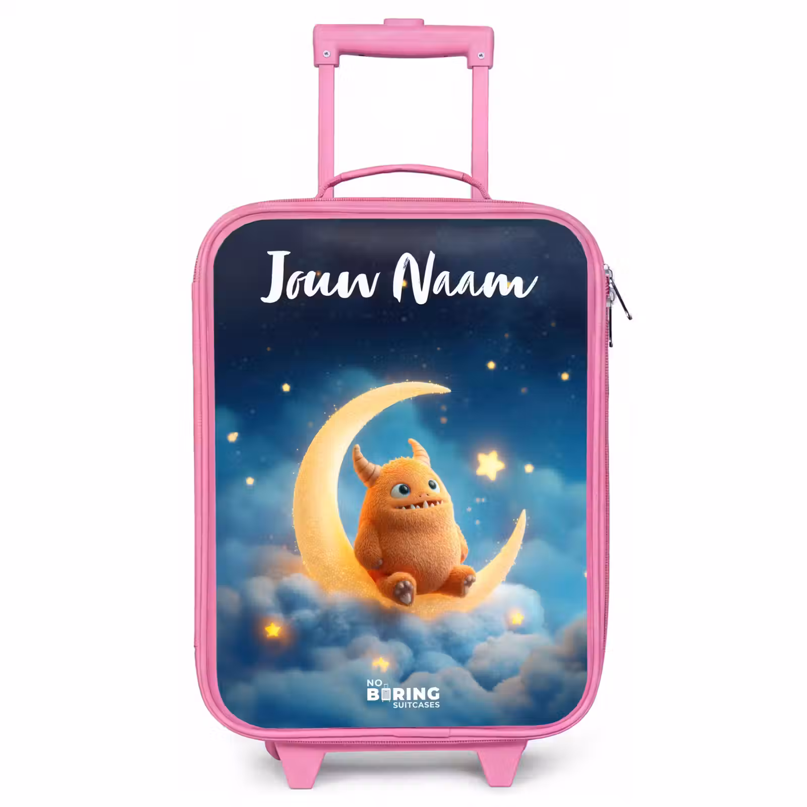 Kinderkoffer met naam - Roze - Oranje monster op maansikkel — 1