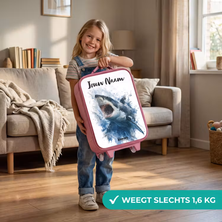 Kinderkoffer met naam - Roze - Aanvallende haai in waterverf — 2