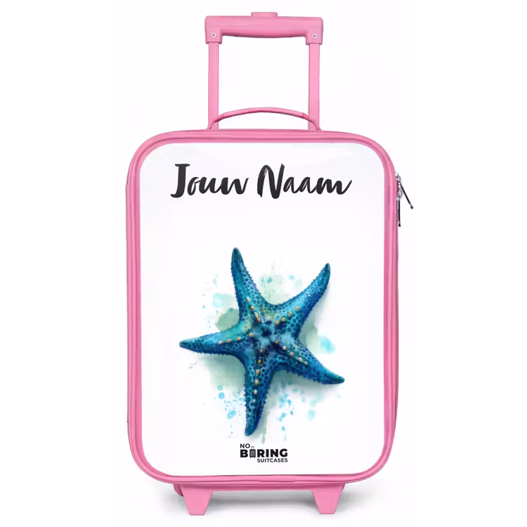 Kinderkoffer met naam - Roze - Blauwe Zeester op Witte Achtergrond — 1