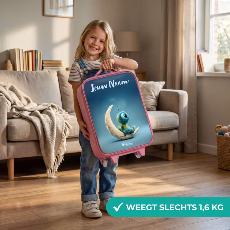 Kinderkoffer met naam - Roze - Dromerig Wezentje op de Maan — 2