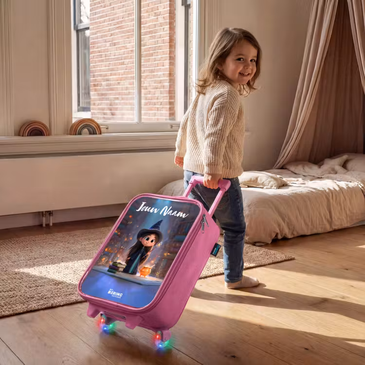 Kinderkoffer met naam - Roze - Kleine tovernares in bibliotheek — 3