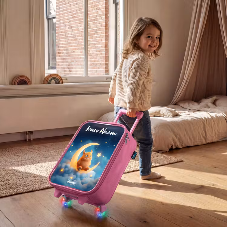 Kinderkoffer met naam - Roze - Oranje monster op maansikkel — 3