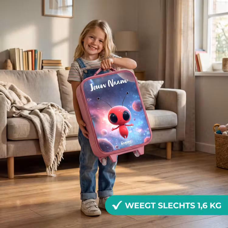 Kinderkoffer met naam - Roze - Rood Ruimtewezen in Kosmische Dans — 2