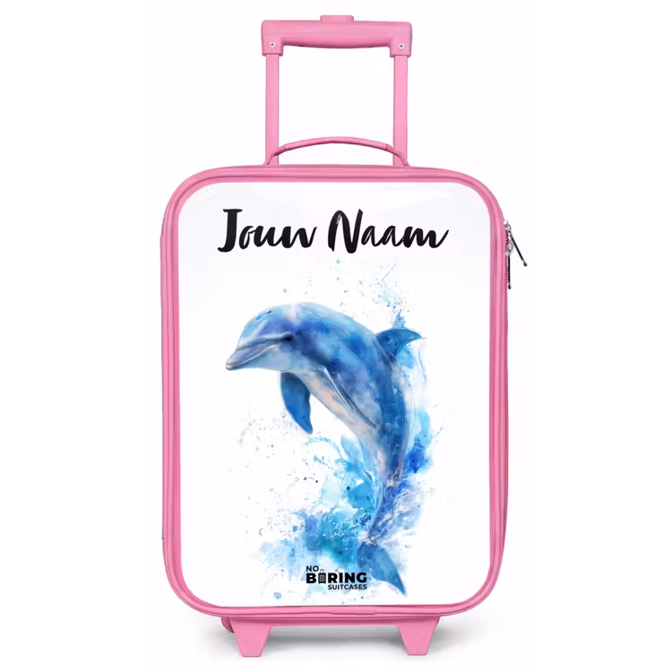 Kinderkoffer met naam - Roze - Springende blauwe dolfijn — 1