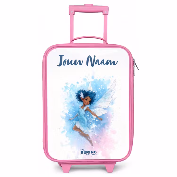 Kinderkoffer met naam - Roze - Vliegende fee in blauwe tinten — 1